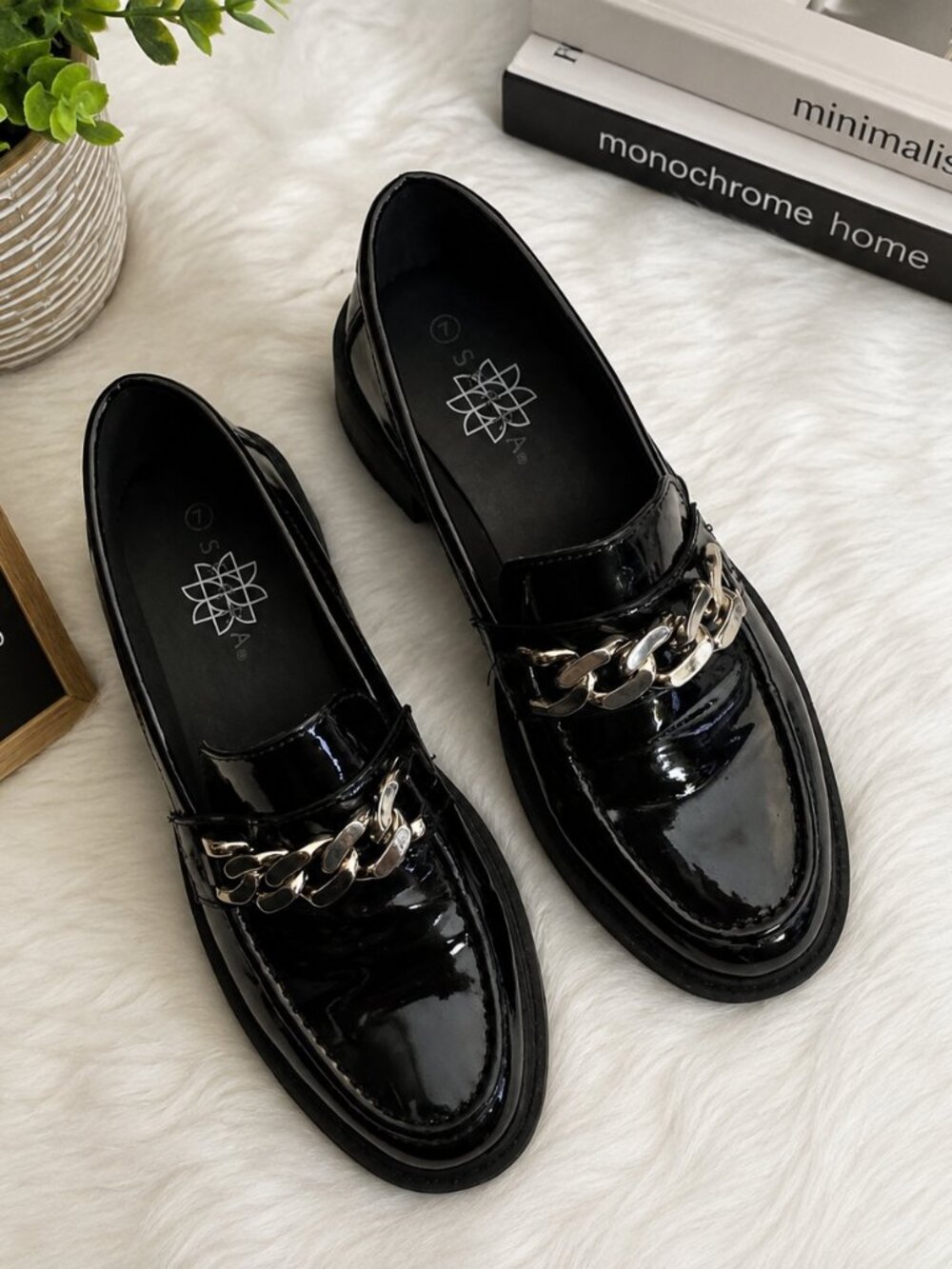 Serra Black Patent Loafers Size 7 | Chunky Lug Sole Chain Detail Slip-On Flats
